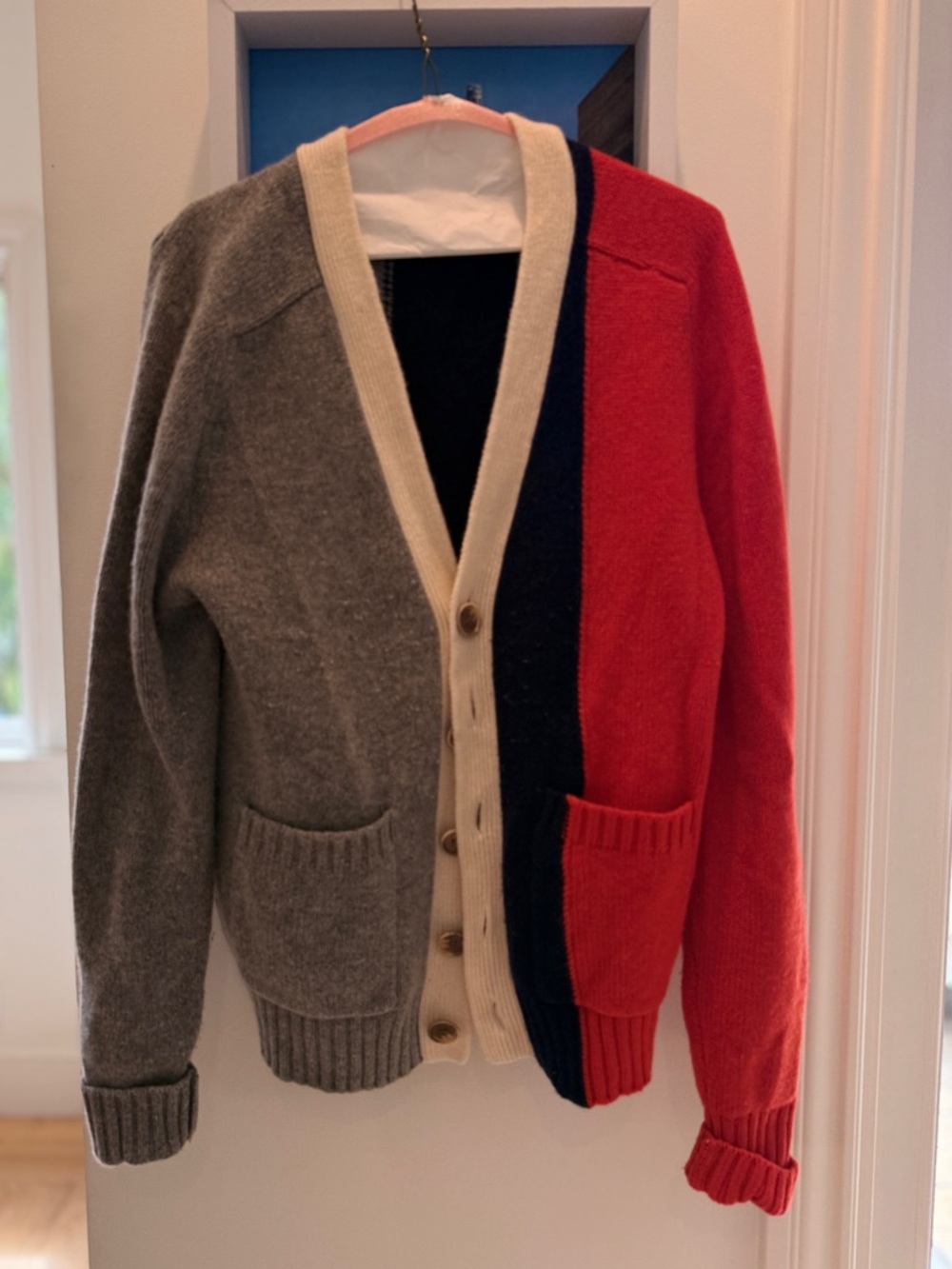 Sleepy Jones Colorblock V-Neck Cardigan - Gray, Red, Navy & Cream Trim